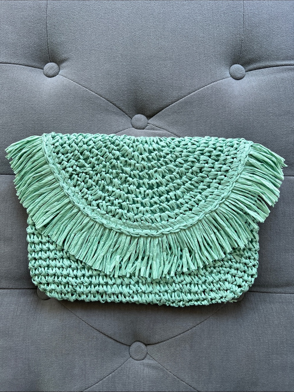 btb Los Angelos Mint Raffia Fringe Clutch  NWOT